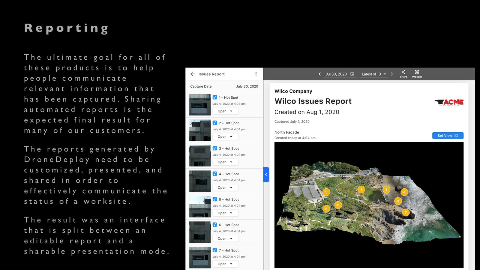 DroneDeploy reporting workflow slide showing report builder and presentation mode interface