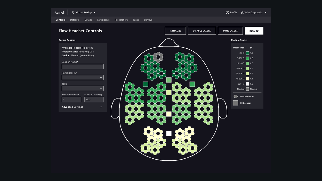 Kernel data management interface showing neural recording review and session data