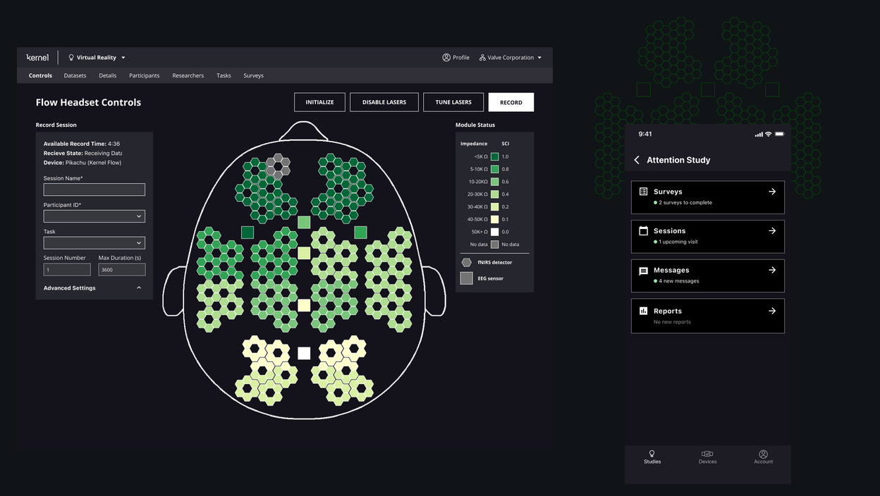 Kernel headset and software ecosystem showing wearable device context and application screens