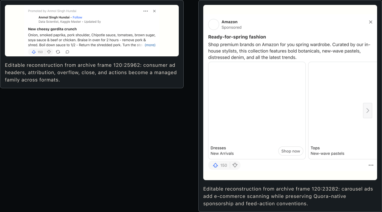 Quora ad format gallery with format consolidation and carousel examples