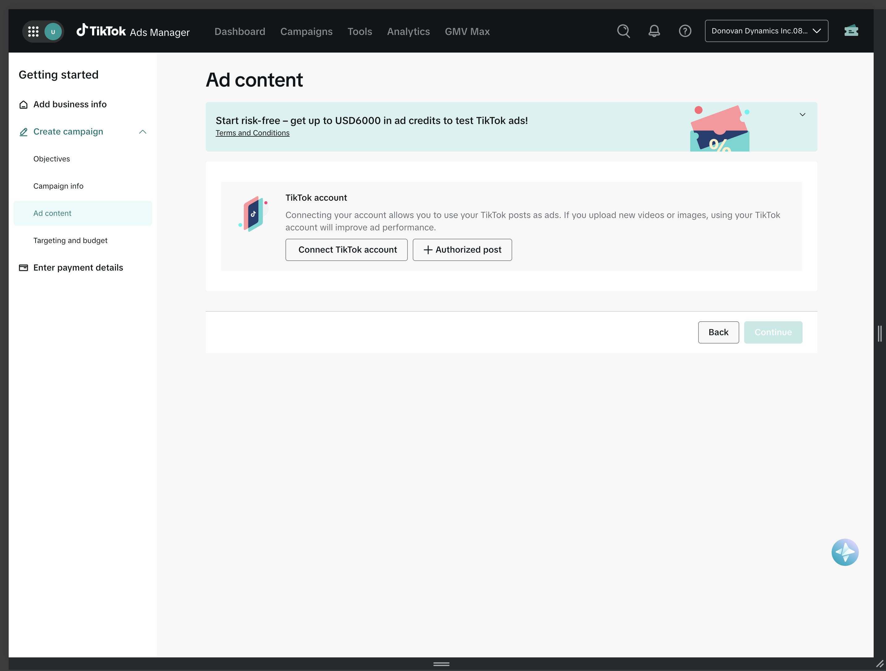 TikTok Ads Manager ad content screen asking the advertiser to connect a TikTok account or authorized post