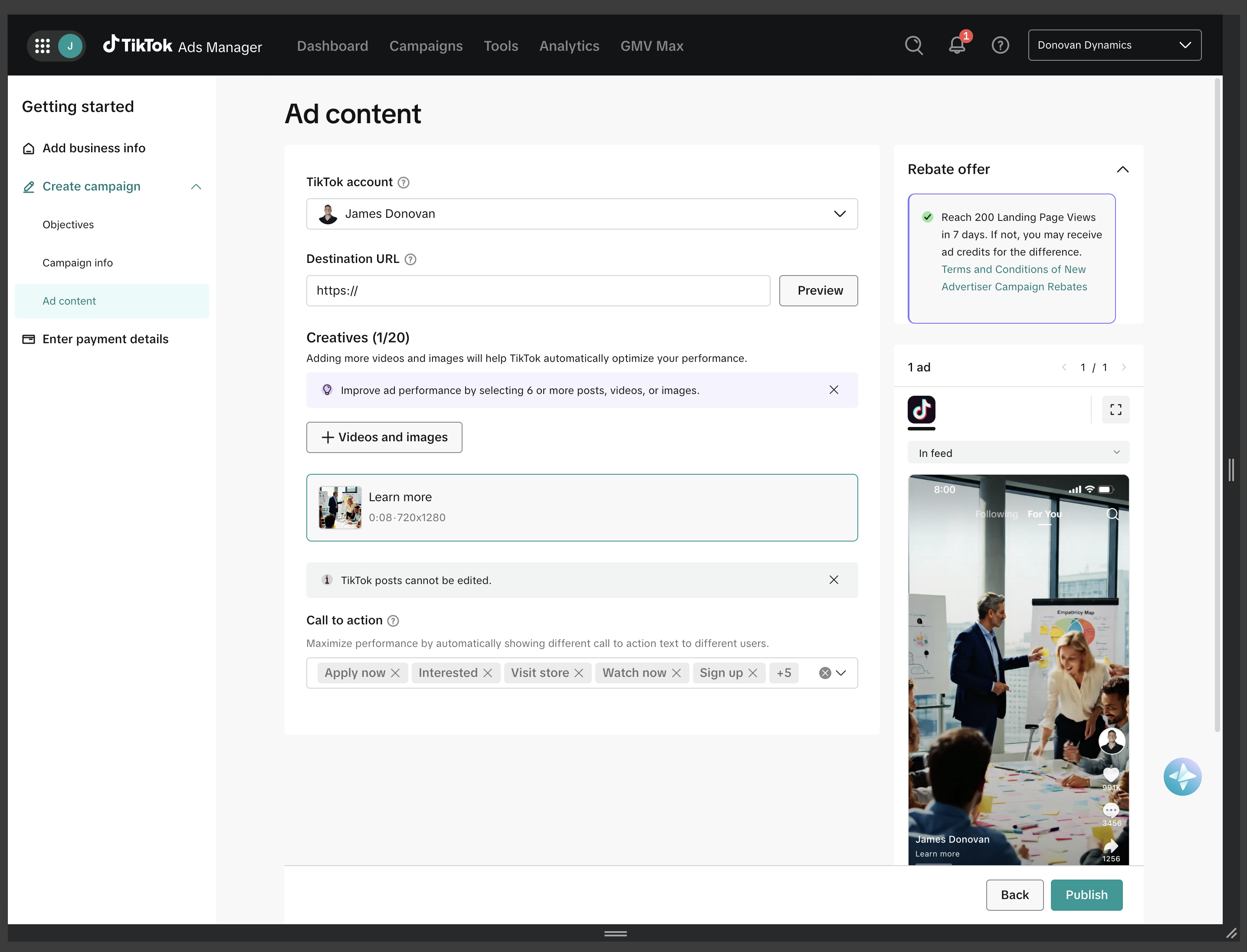 TikTok Ads Manager ad content screen with one creative selected, call-to-action chips, and an in-feed ad preview