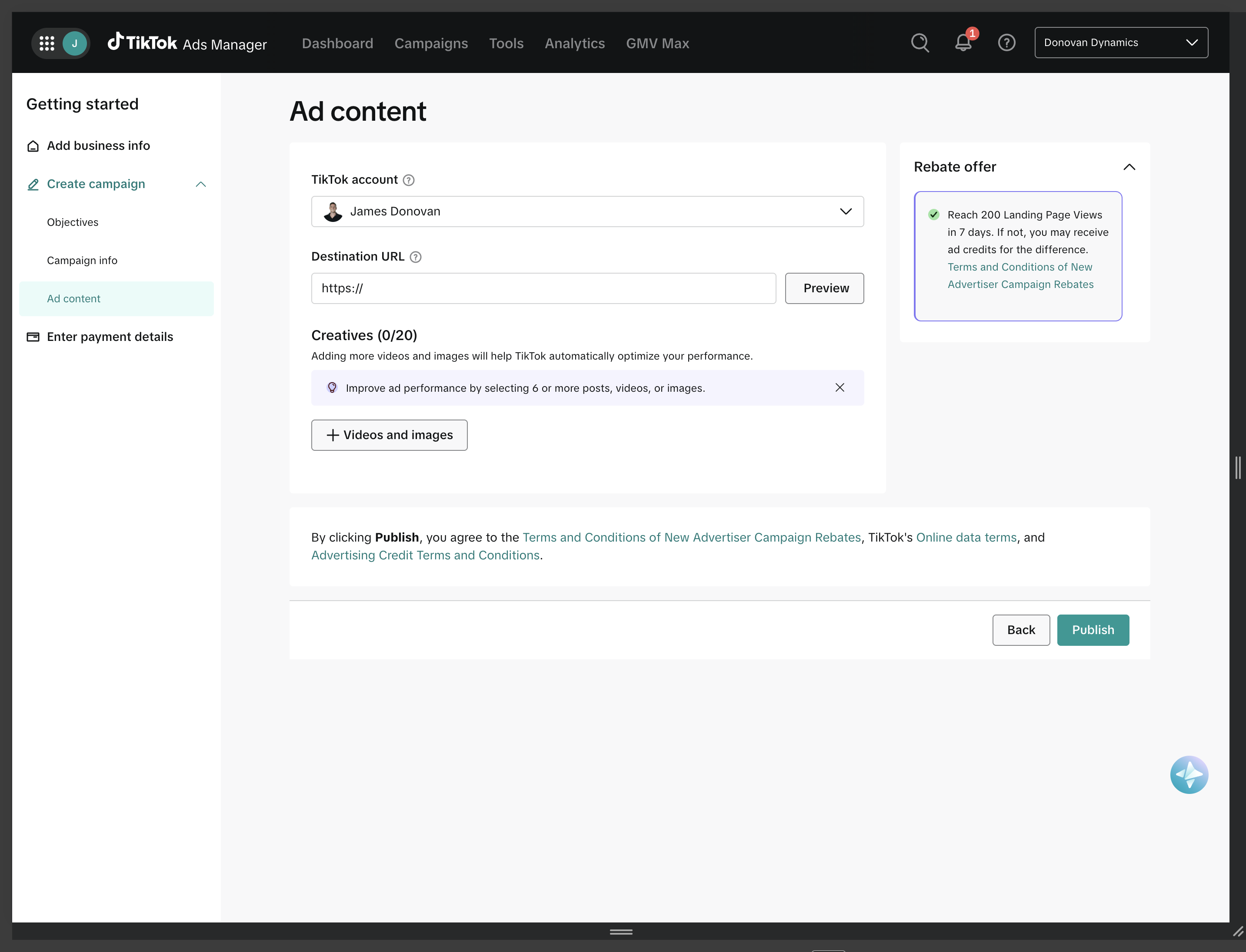 TikTok Ads Manager ad content screen with account selector, destination URL, creative upload, terms text, and publish button