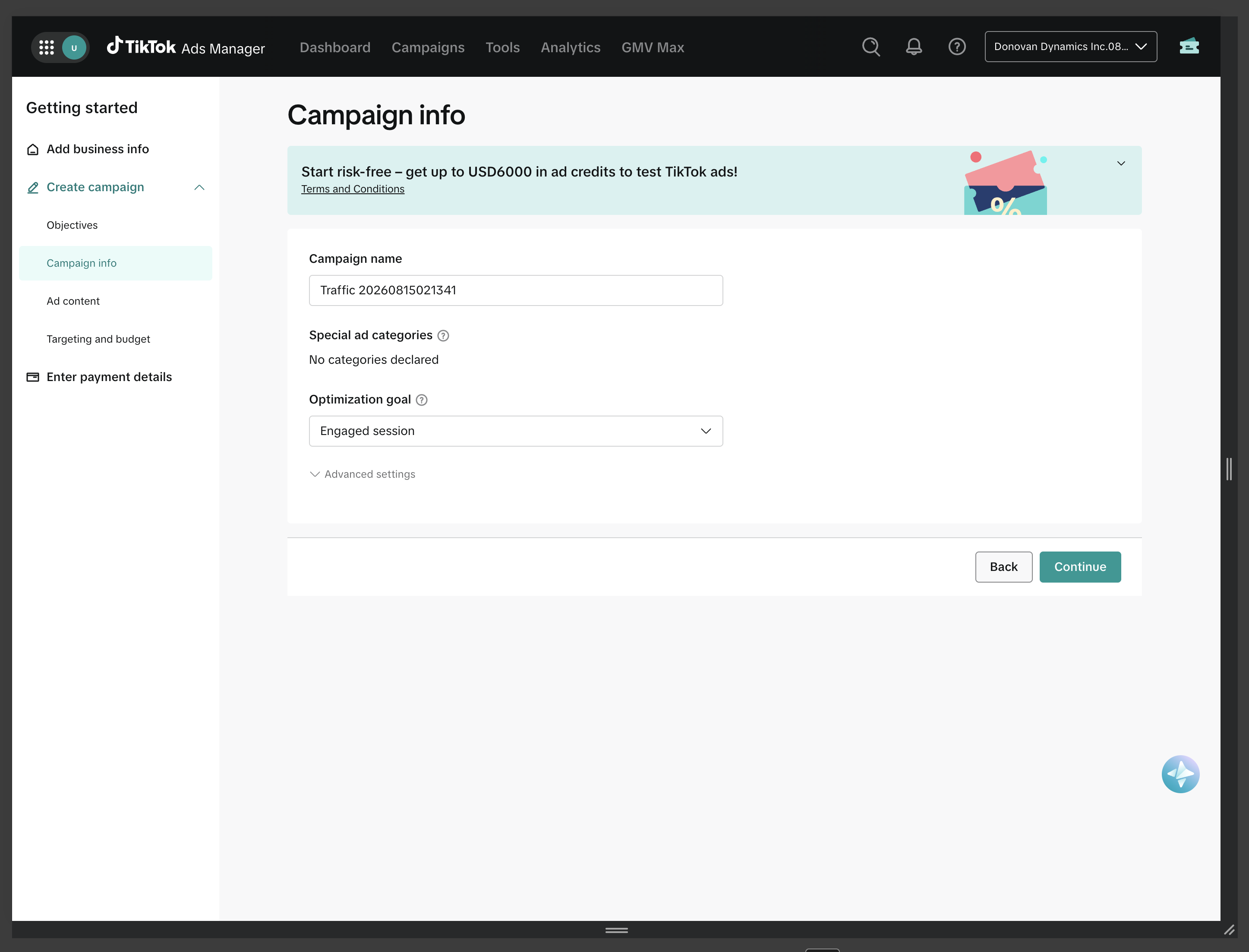 TikTok Ads Manager campaign info screen with a large new advertiser rebate banner