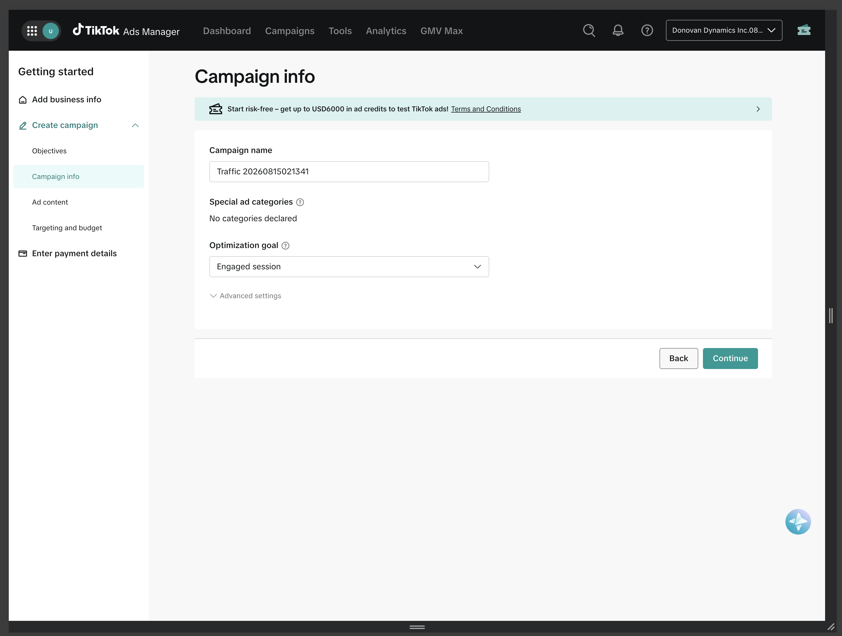 TikTok Ads Manager campaign info screen with compact rebate banner and continue button