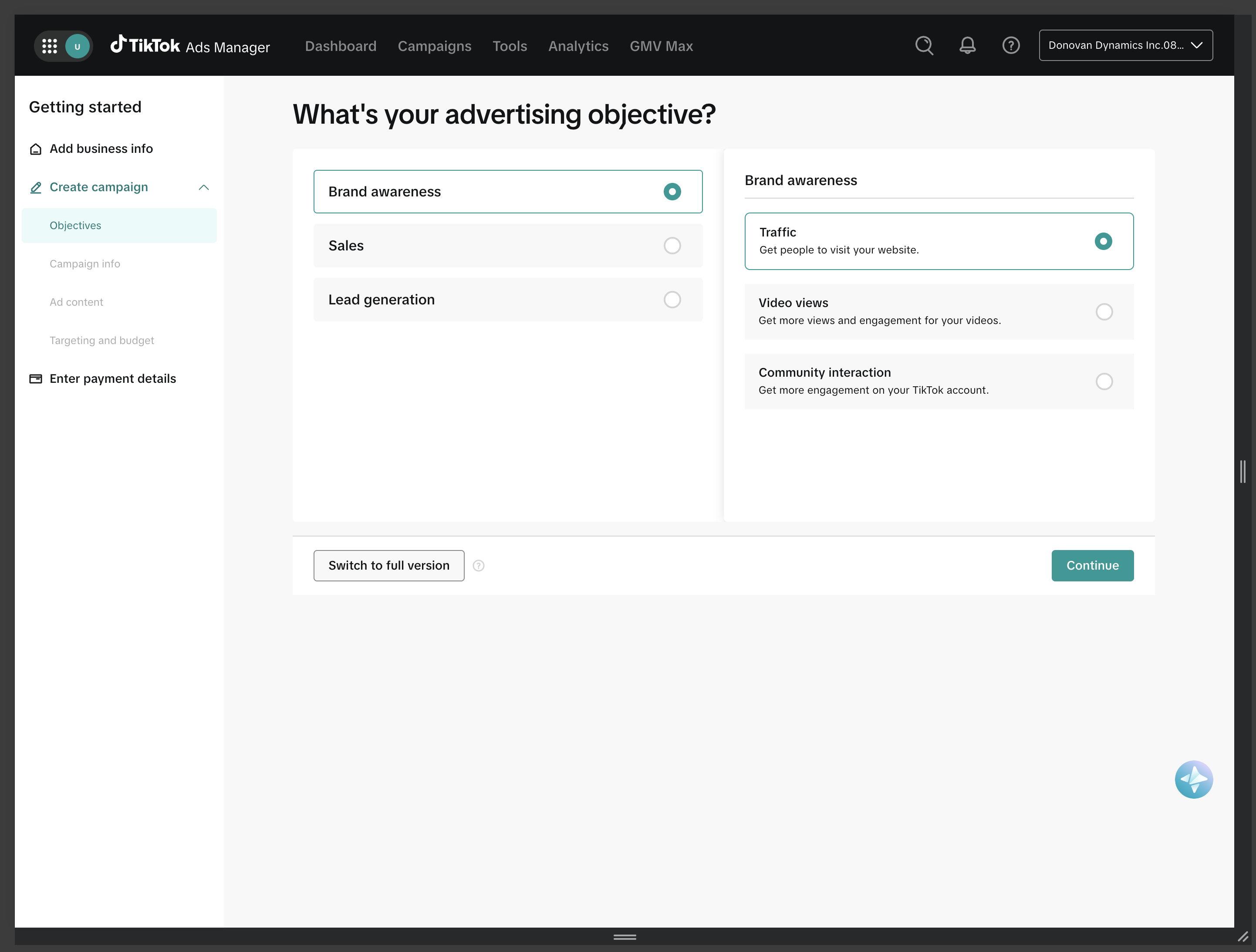 TikTok Ads Manager objective selection screen with brand awareness, sales, and lead generation options