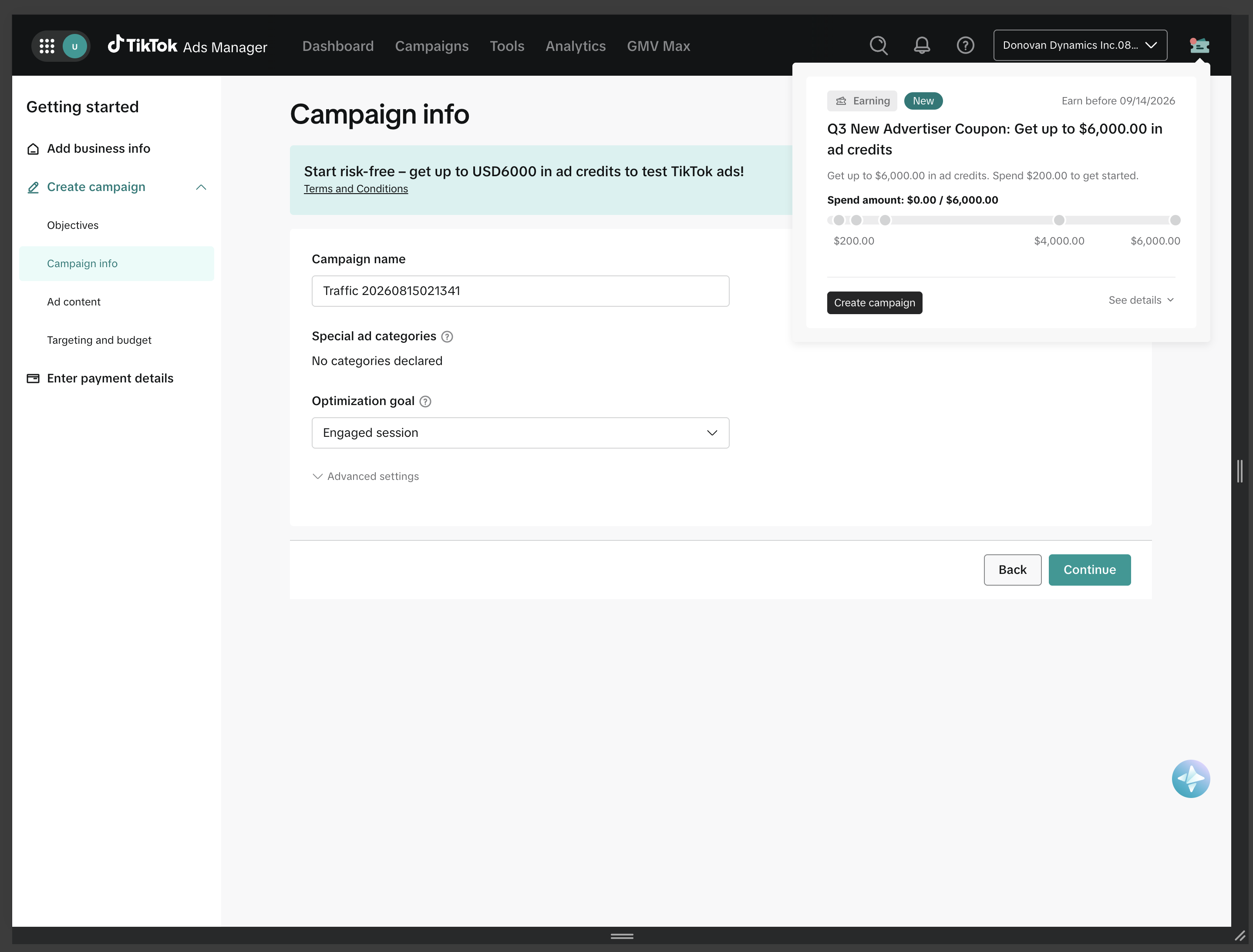 TikTok Ads Manager rebate popover showing coupon amount, progress, spend milestones, and create campaign action