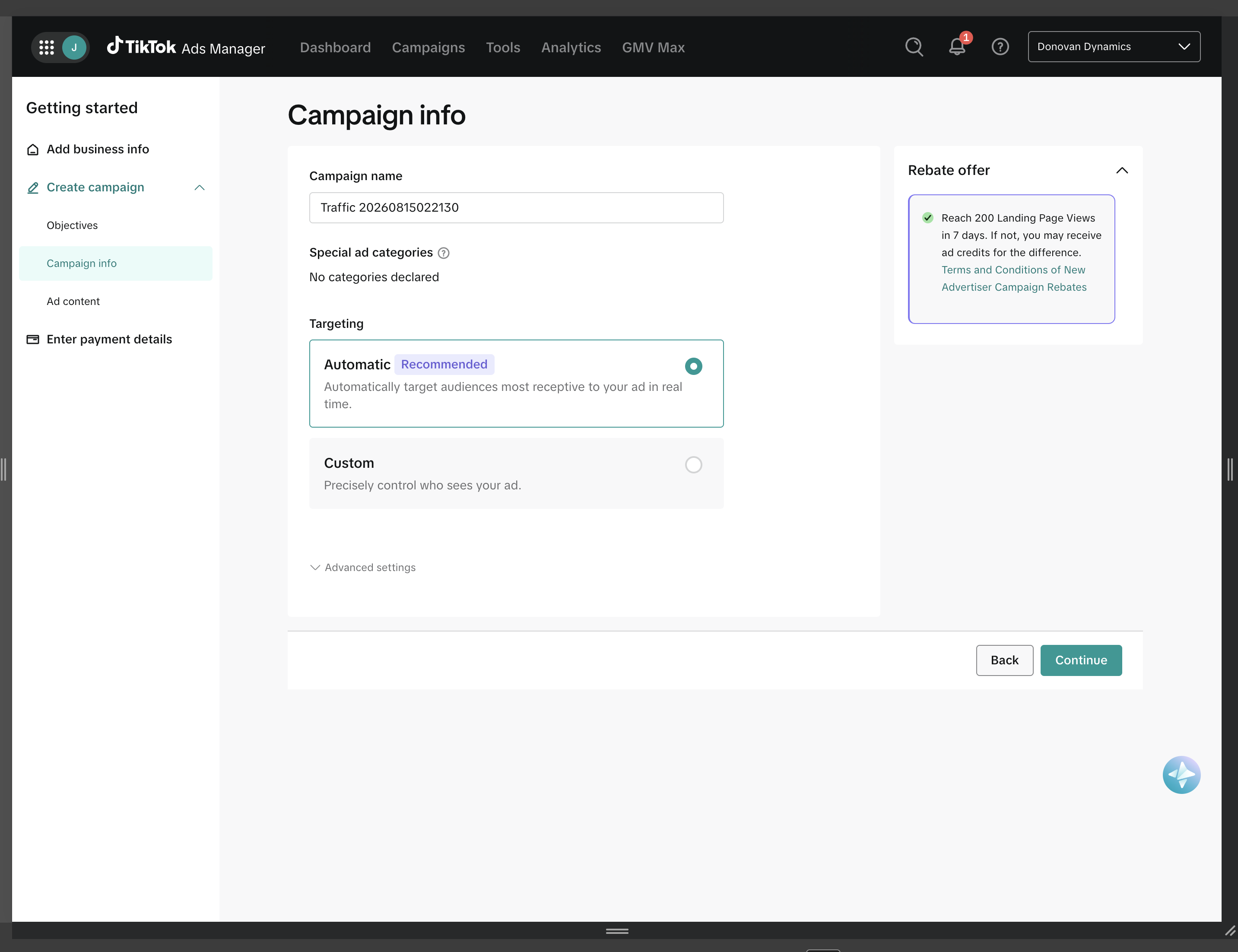 TikTok Ads Manager targeting screen with automatic recommended targeting selected and custom targeting available